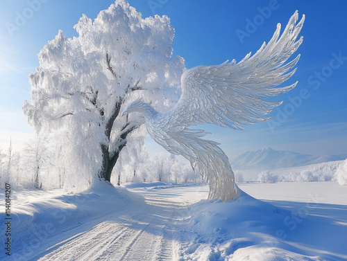 Snow sculpture with wing-shaped abstract designs in a frozen winter landscape under a clear blue sky, intricate ice art formation, delicate details and frosty artistic outdoor display. photo