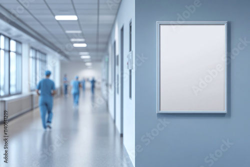 Blank white poster frame on the wall of an hospital interior, doctors and nurses in motion blur walk, window light from outside.