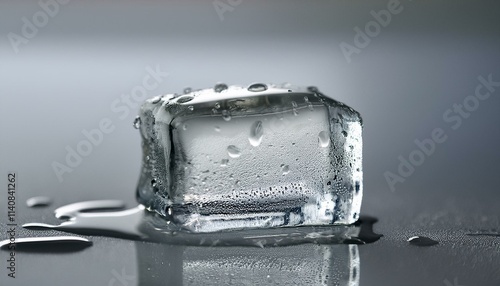 Close-up of a partially melted ice cube with water droplets pooling beneath it, creating a s photo