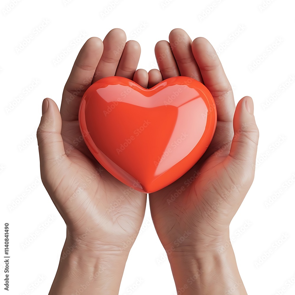 Obraz premium 3D Render of Human Hands Gently Holding a Glossy Red Heart with Reflective Surface, Isolated on White Background