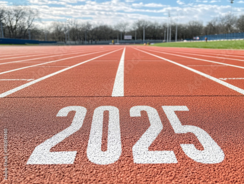 Number 2025 on road. Home stretch for end of 2024. Runners track background. New year banner with number 2025. Motivational background. Starting line for early 2025. New year approach concept  photo