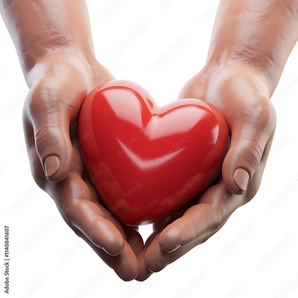3D Render of Human Hands Gently Holding a Glossy Red Heart with Reflective Surface, Isolated on White Background 3D Render of Human Hands Gently Holding a Glossy Red Heart with Reflective Surface, Isolated on White Background