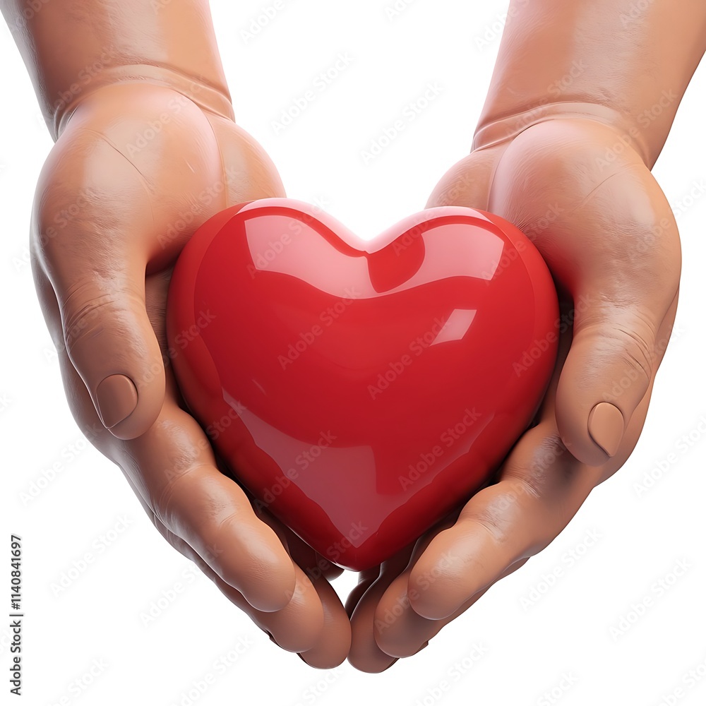 Obraz premium 3D Render of Human Hands Gently Holding a Glossy Red Heart with Reflective Surface, Isolated on White Background