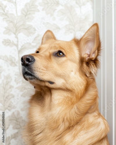 Charming dog portrait in minimalist indoor setting high-resolution textures subtle background captivating expression