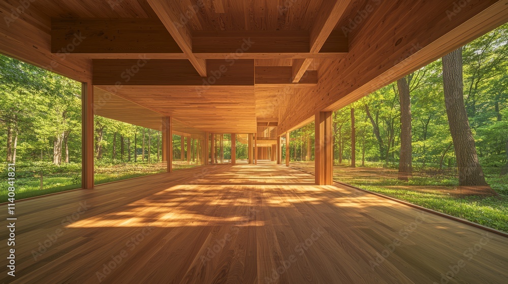 A spacious wooden structure surrounded by lush greenery, emphasizing nature. A spacious wooden structure surrounded by lush greenery, emphasizing nature.