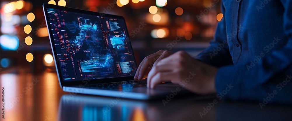 Person using laptop with data visualization at night. Person using laptop with data visualization at night.