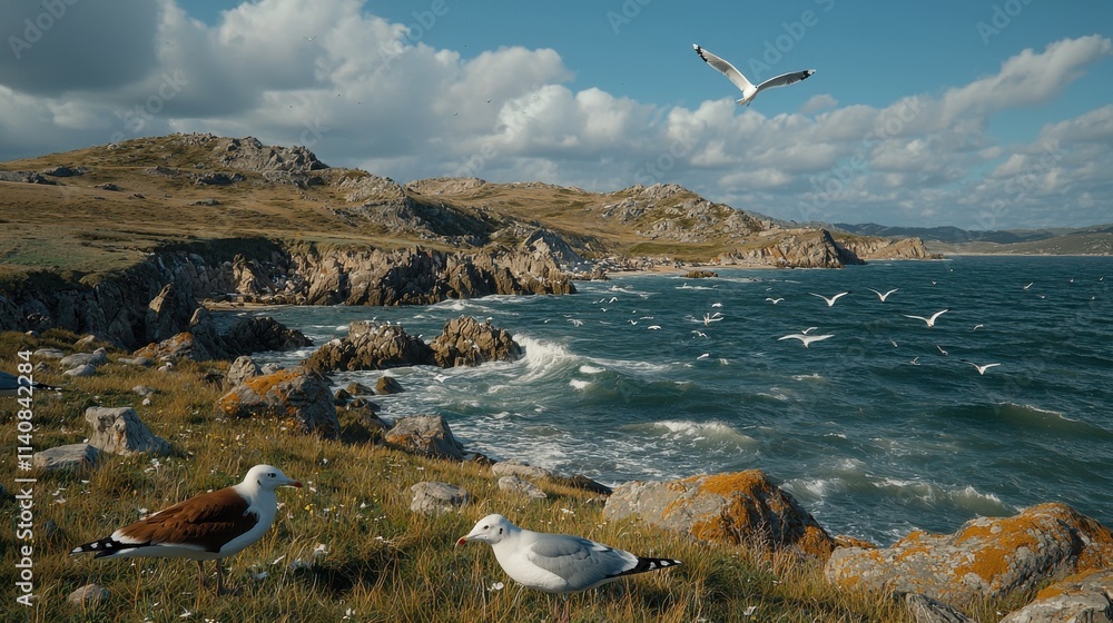 Seagulls soaring above rugged cliffs over ocean waves coastal landscape nature scenic view Seagulls soaring above rugged cliffs over ocean waves coastal landscape nature scenic view