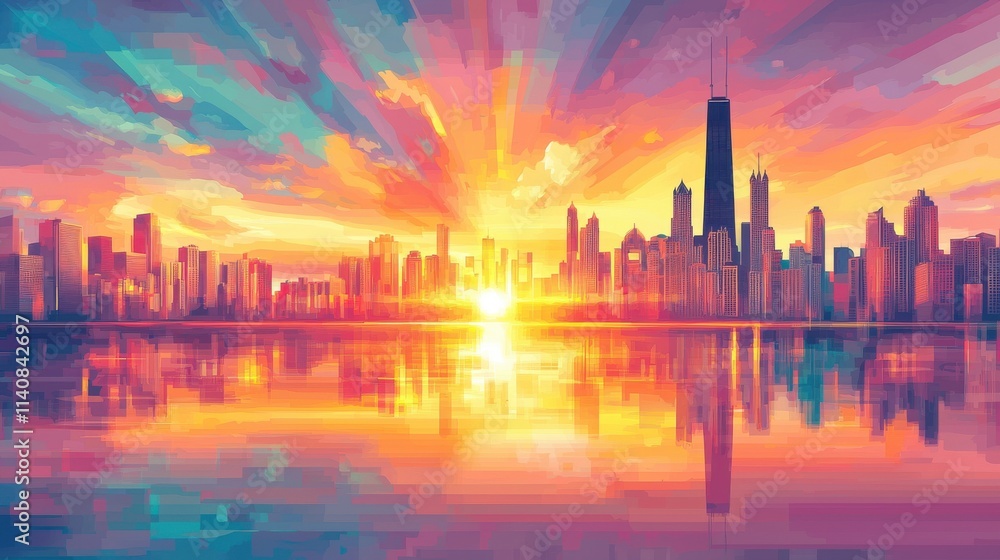 Sunset skyline reflection over chicago river vibrant retro classic print urban landscape atmospheric view Sunset skyline reflection over chicago river vibrant retro classic print urban landscape atmospheric view