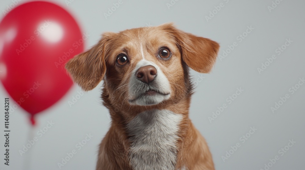 Playful dog with red balloon studio setting high-resolution textures creative white space captivating viewpoint Playful dog with red balloon studio setting high-resolution textures creative white space captivating viewpoint