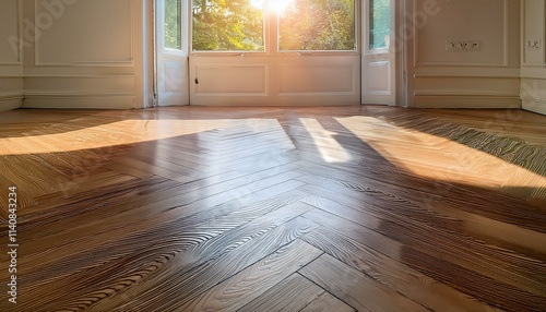  Vinyl flooring shown beneath a white plastic window frame. Sun rays cascade through the wind 