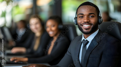 Customer Service Agent Smiling, Professional Call Center Employee Working, Providing Excellent Support and Assistance