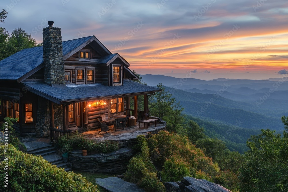 Mountaintop cabin illuminated, sunset vista. Mountaintop cabin illuminated, sunset vista.