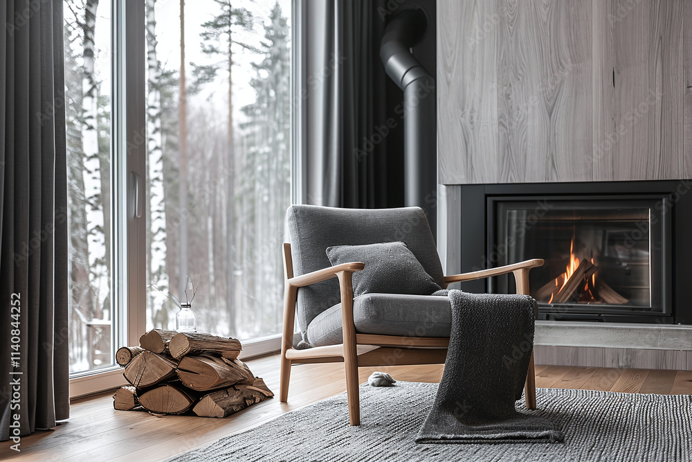 Fototapeta premium Cozy living room interior with comfortable grey armchair with blanket and modern fireplace