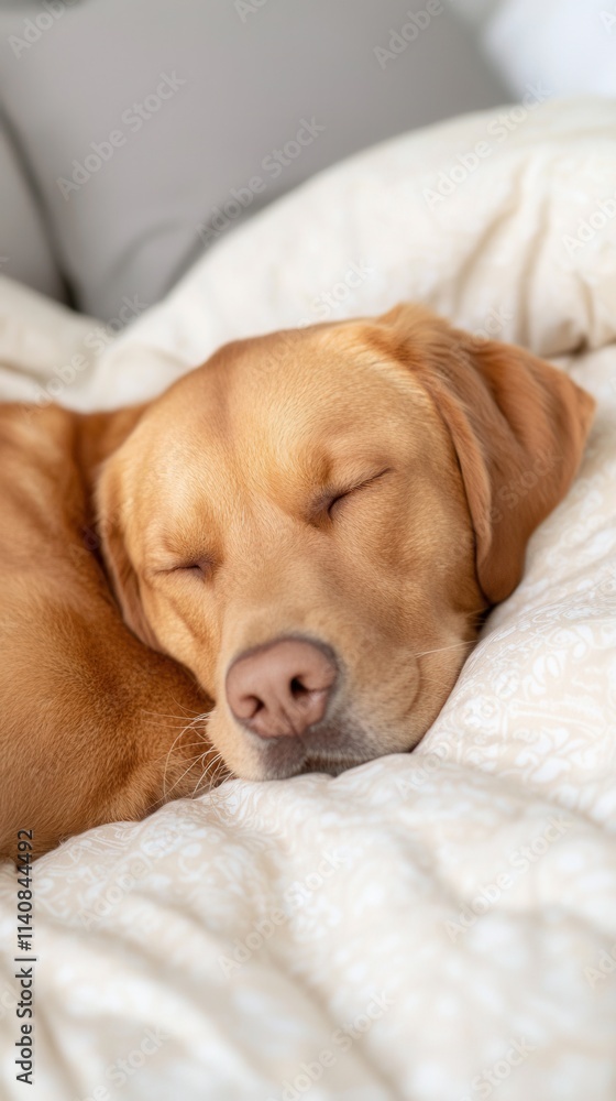Sleeping golden retriever cozy bedroom pet soft lighting close-up high-resolution textures Sleeping golden retriever cozy bedroom pet soft lighting close-up high-resolution textures