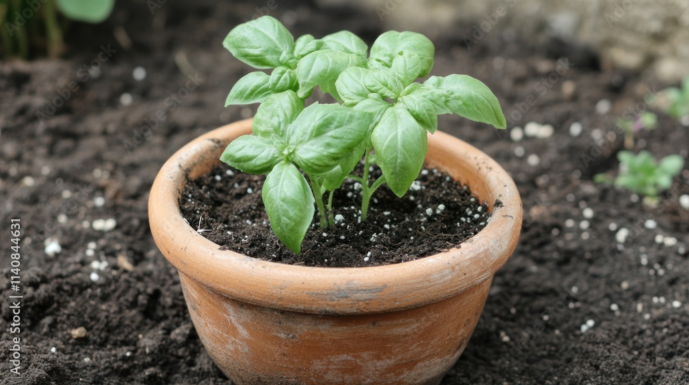 Basil plant in terracotta pot, thriving in rich soil. A symbol of homegrown freshness and organic gardening. Basil plant in terracotta pot, thriving in rich soil. A symbol of homegrown freshness and organic gardening.