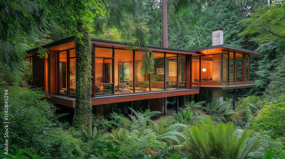 Wide angle shot of a modern house nestled in a natural forest setting Wide angle shot of a modern house nestled in a natural forest setting