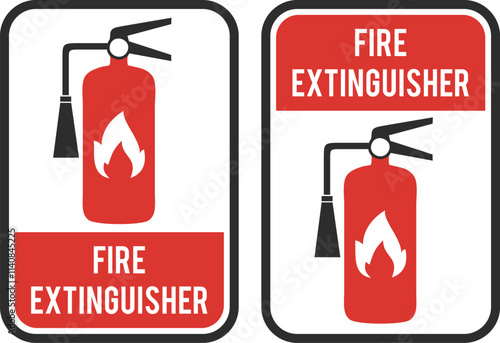 Fire extinguisher sign. Firefighters tools for flame fighting symbol, logo, badge, icon, sticker, label, emblem, stamp, red, line, flat vector, isolated illustration.