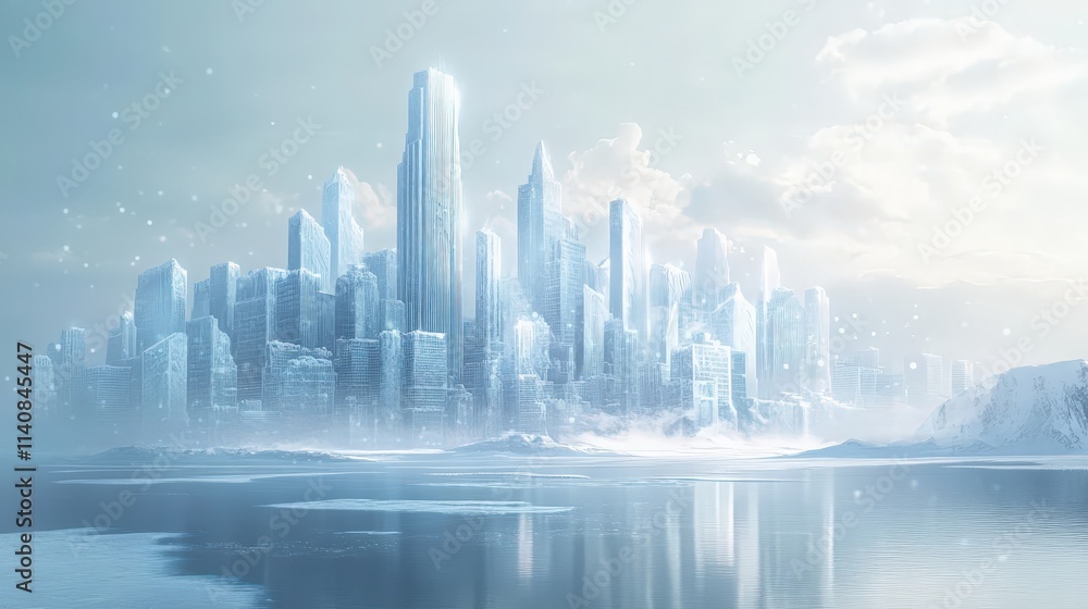 modern snow city skyline with skyscrapers frosted in ice, reflecting the winter's pale sunlight modern snow city skyline with skyscrapers frosted in ice, reflecting the winter's pale sunlight