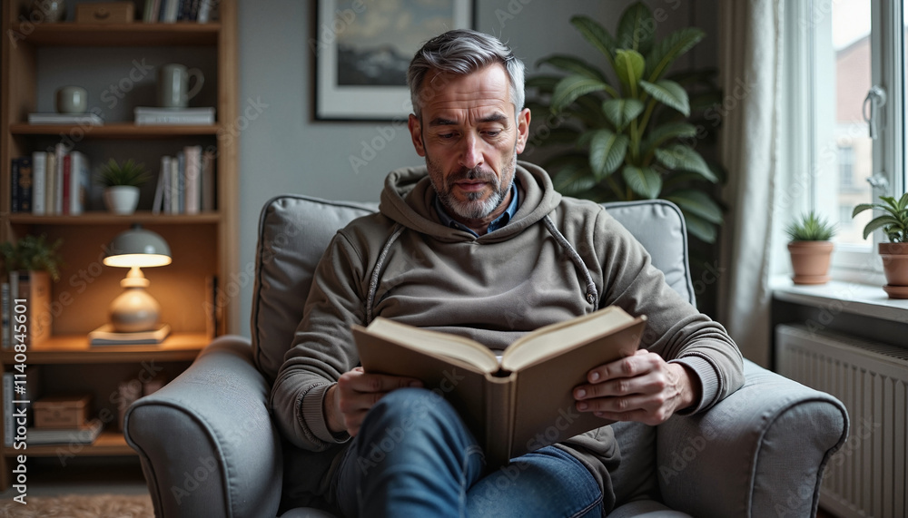 Middle-aged man reading a book in a cozy armchair at home
Middle-aged man reading a book in a cozy armchair at home