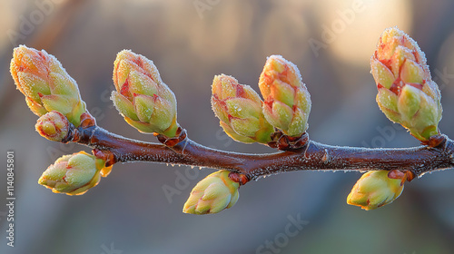 A close-up of frost-covered branches with buds beginning to bloom, symbolizing the transition from winter to spring
