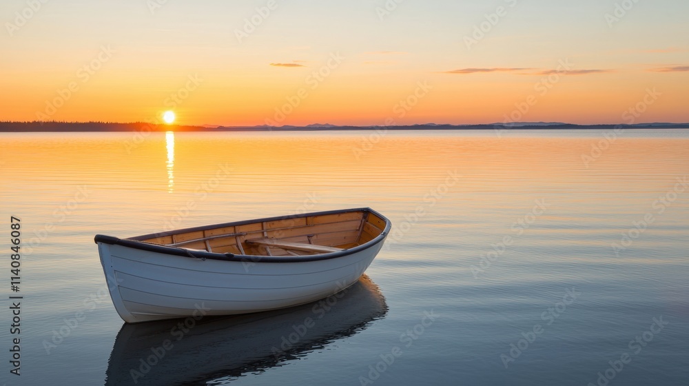 Path of beginning and start exploration, A serene sunset over calm waters with a solitary boat drifting peacefully, creating a tranquil atmosphere. Path of beginning and start exploration, A serene sunset over calm waters with a solitary boat drifting peacefully, creating a tranquil atmosphere.