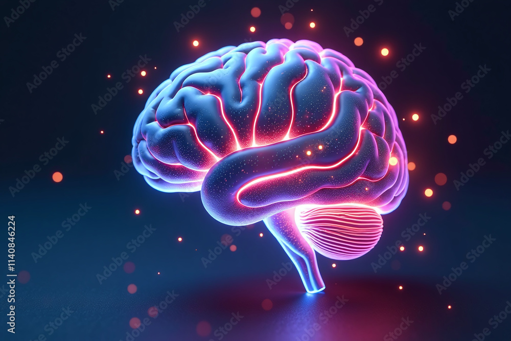 Obraz premium glowing brain model represents innovation neuroscience vibrant light particles surrounding