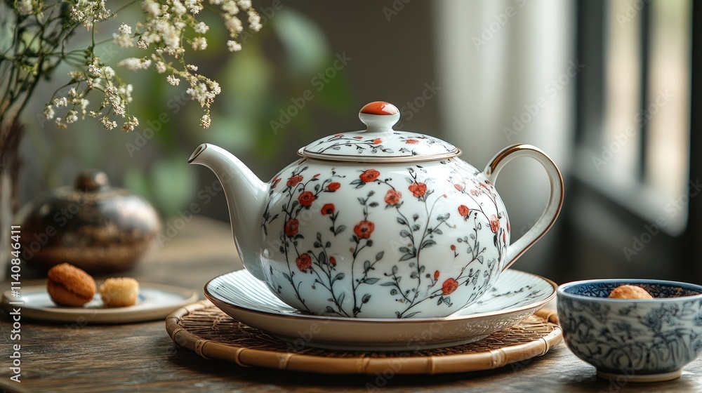 Floral teapot, saucer, cookies, wooden table. Floral teapot, saucer, cookies, wooden table.