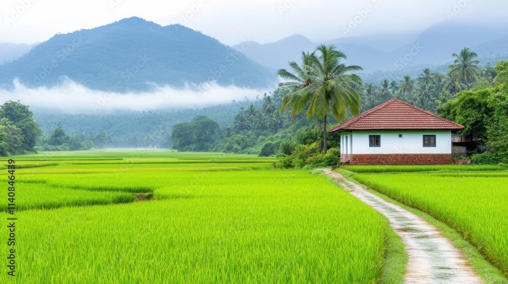Serene Kerala homestay nestled among lush rice paddies and misty hills during the tranquil early morning hours Serene Kerala homestay nestled among lush rice paddies and misty hills during the tranquil early morning hours