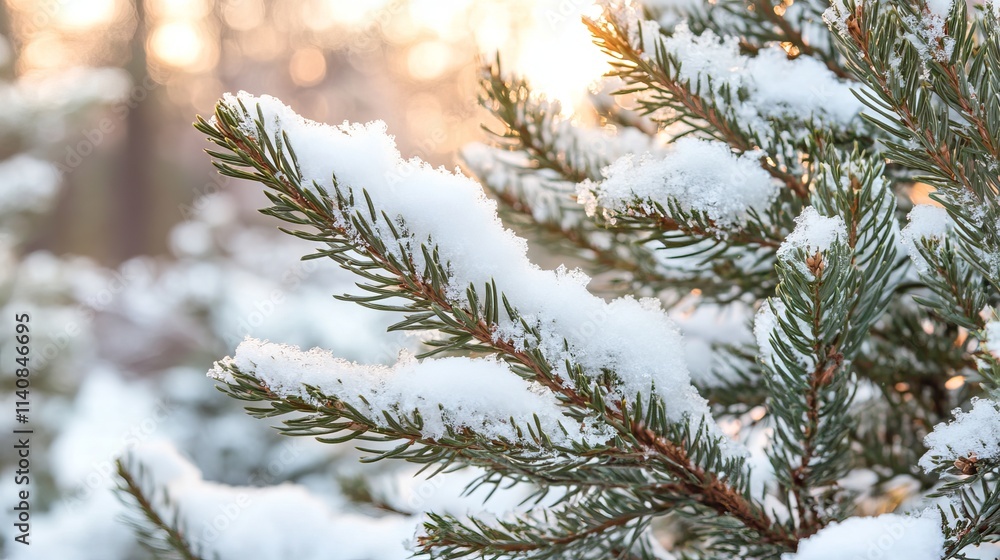 Snow-covered fir branches sparkle in the glow of the setting sun. The snow slowly melts, revealing the forest's snow-covered landscape in the background. Snow-covered fir branches sparkle in the glow of the setting sun. The snow slowly melts, revealing the forest's snow-covered landscape in the background.