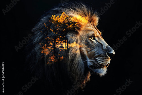 Double exposure lion profile blended with dramatic forest or sunset landscape, featuring majestic wildlife and artistic composition with rich textures, warm tones, and creative blending. photo