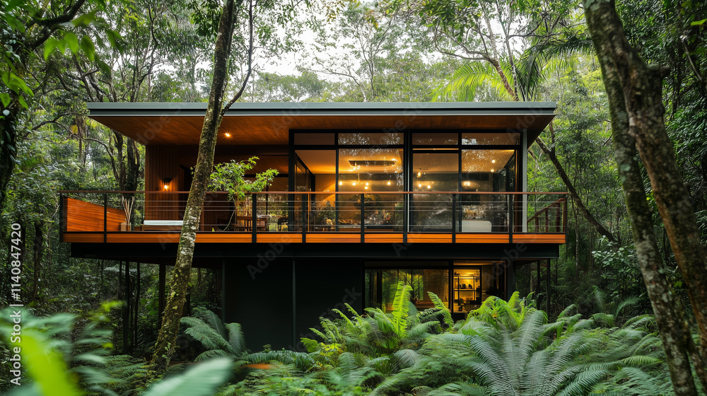 Wide angle shot of a modern house nestled in a natural forest setting Wide angle shot of a modern house nestled in a natural forest setting
