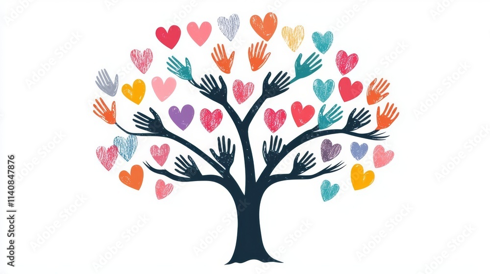 A colorful tree made of hearts and hands symbolizes love and community support. A colorful tree made of hearts and hands symbolizes love and community support.
