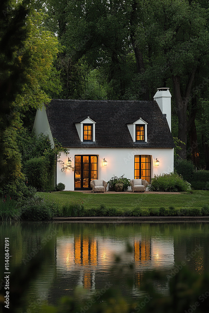 Obraz premium A white French cottage with a black roof, surrounded by lush greenery and reflecting in the lake at dusk. The windows of each room glow warmly as if inviting you inside for an evening.