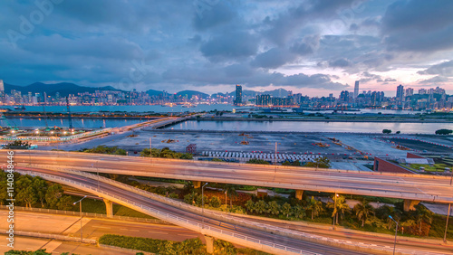 Photography Hong Kong day to night, aerial view from kowloon bay downtown timelapse