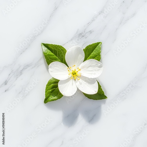 Elegant white flower with green leaves on marble surface. photo