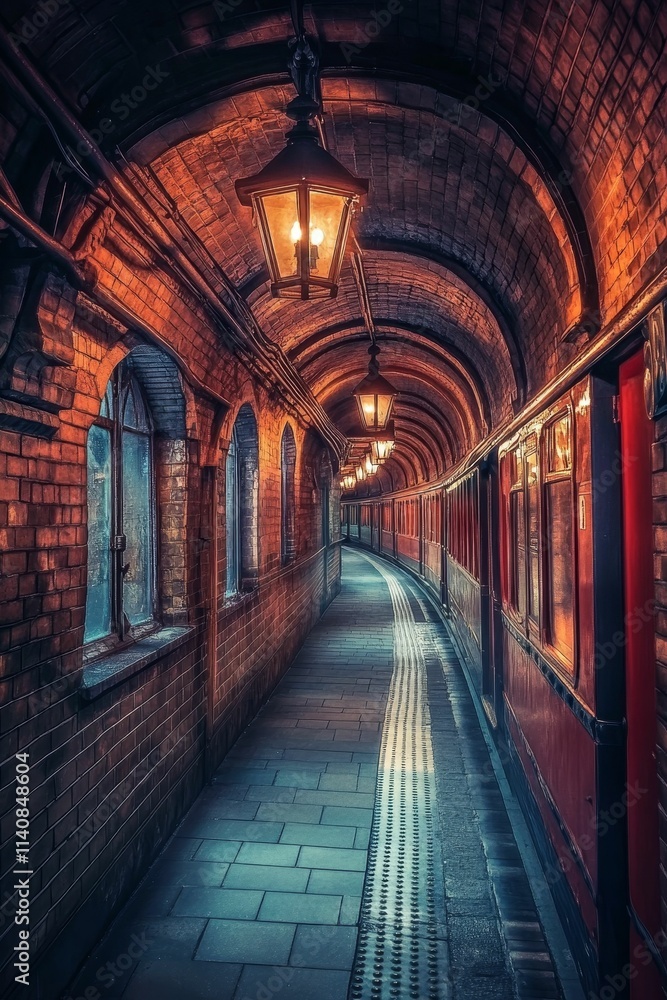 Fototapeta premium Brick tunnel, pathway, train, lanterns, arched ceiling.