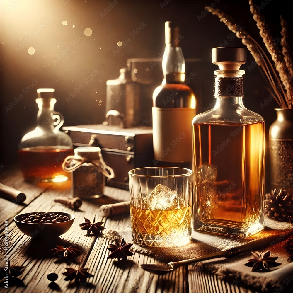 Cozy Whiskey Display with Decorative Books and Wheat Stalks Cozy Whiskey Display with Decorative Books and Wheat Stalks