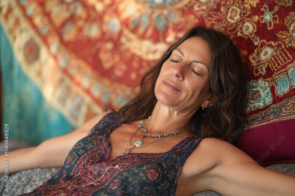 Woman naps; patterned fabric backdrop, necklace. Woman naps; patterned fabric backdrop, necklace.