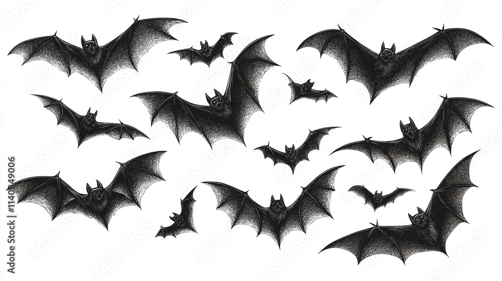 Fototapeta premium Set of flying bats isolated on white background. Group of flying black bats for Halloween decoration.