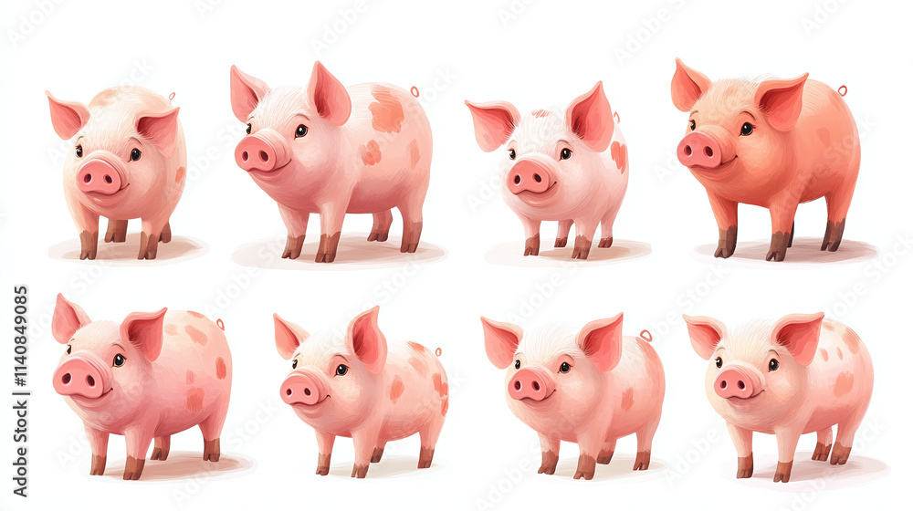 A collection of little cute piglets. Set of little pig isolated on white background. A collection of little cute piglets. Set of little pig isolated on white background.