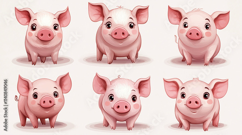 A collection of little cute piglets. Set of little pig isolated on white background. 