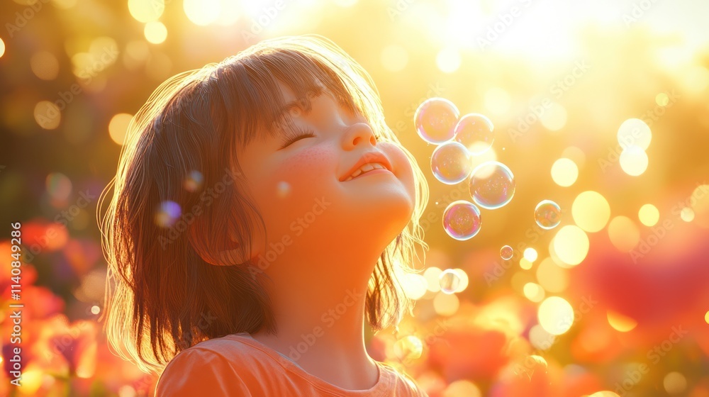 A happy child with closed eyes, surrounded by sunlight and soap bubbles, in a garden filled with flowers, smiles joyfully. A happy child with closed eyes, surrounded by sunlight and soap bubbles, in a garden filled with flowers, smiles joyfully.