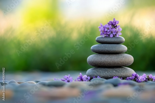 Stacked stones, purple flowers, tranquil scene.