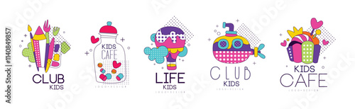 Kids Club and Land Colorful Logo and Label Vector Set