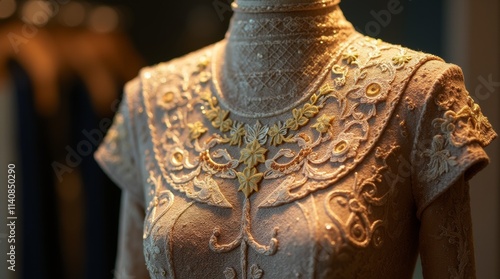 A close-up of a high-fashion garment featuring exquisite embroidery and unique textures, elegantly displayed on a mannequin in a stylish boutique photo