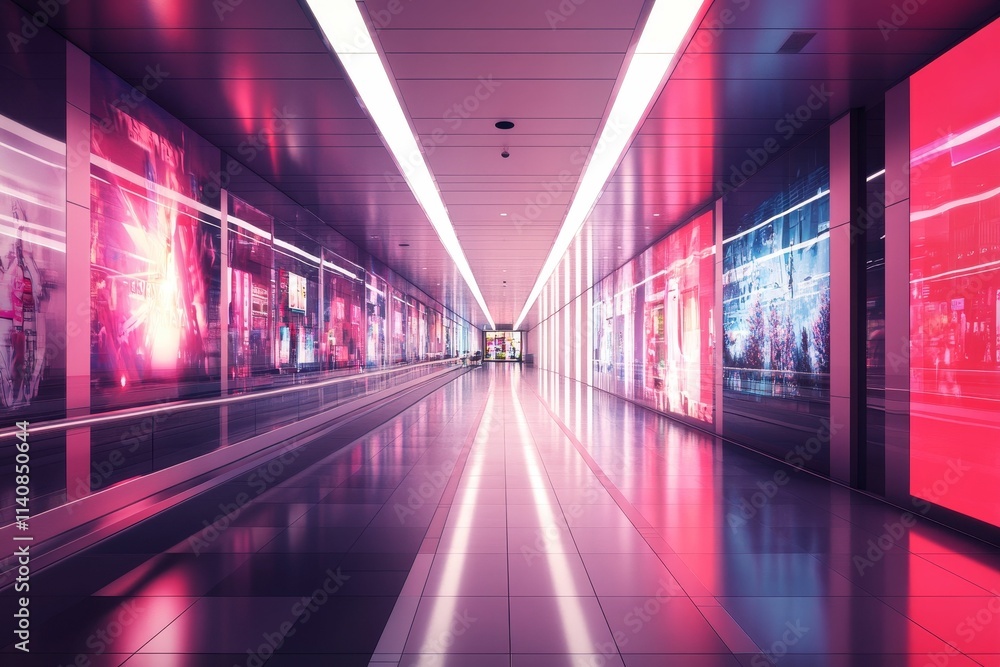 Neon-lit walkway, vibrant advertisements, sleek floor. Neon-lit walkway, vibrant advertisements, sleek floor.