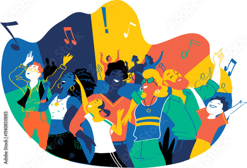 Group of people of different ages is happy to be together dancing and celebrating a special event. Happy family enjoy concert, music festival, party, show, performance, recital. Vector illustration