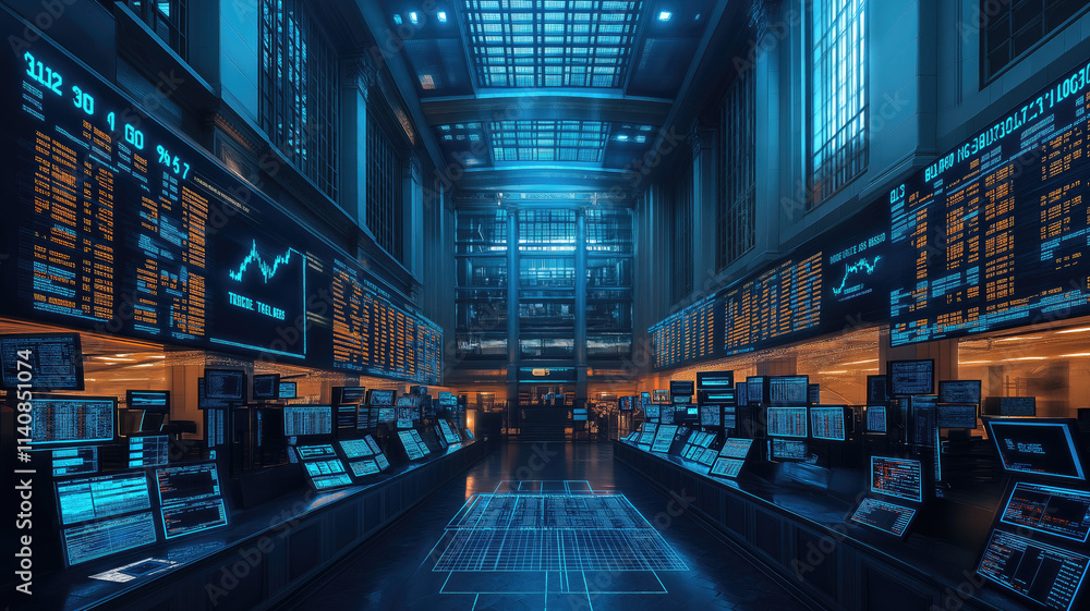 Fototapeta premium The interior of a room in a brokerage or securities building, showcasing the bustling atmosphere of the stock market and investment in securities. Generative Ai