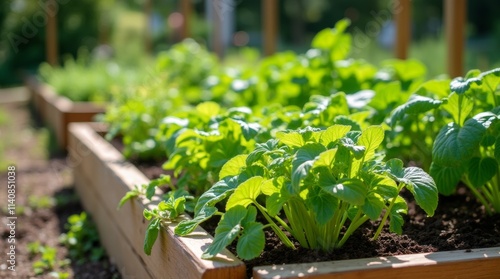 Wallpaper Mural A raised garden bed with lush green plants growing in rich, dark soil, framed by wooden boards. Sunlight highlights the healthy and organized garden, ideal for backyard gardening. Torontodigital.ca