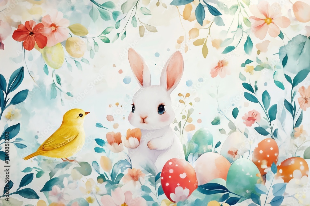 Obraz premium Background with eggs and white bunny. Concept of Easter banner. Vector.